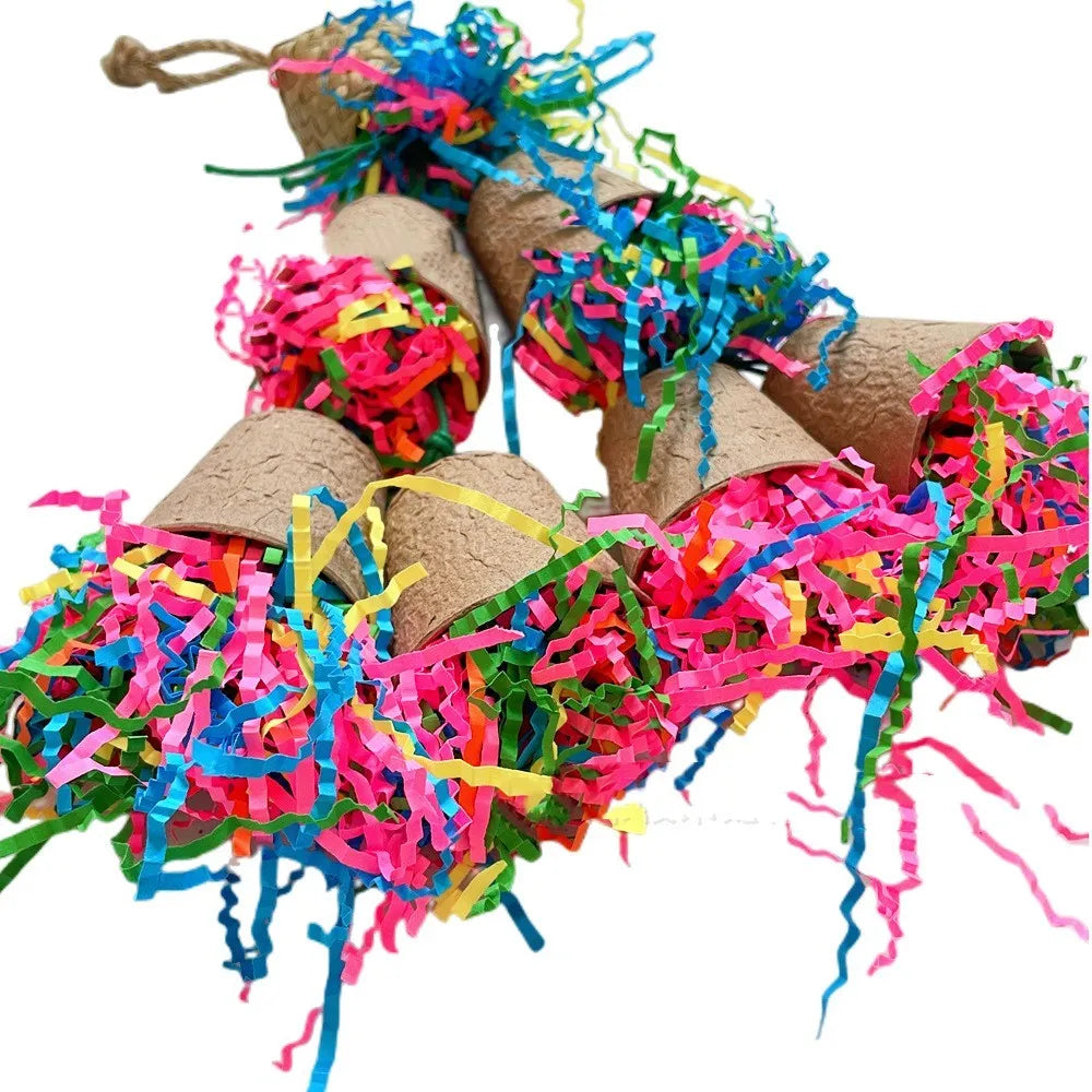 Parrot paper cup palm weaving gnawing toy hanging from a loop, length 38cm.