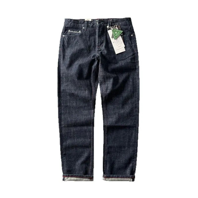 Men's straight leg denim trousers in primary colour with mid-rise waist