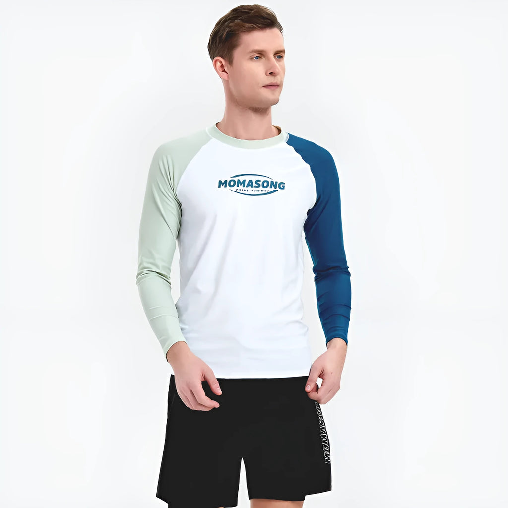 Men's white long-sleeved swim top with matching colour swim trunks laid flat.