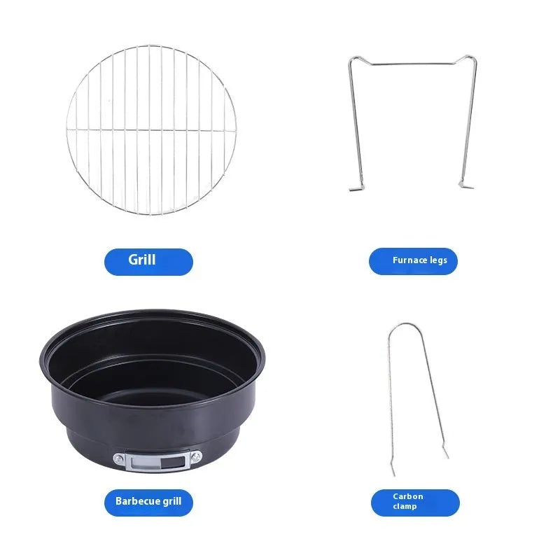 Small folding round ice stove with charcoal barbecue grill, mesh, and furnace legs for outdoor cooking