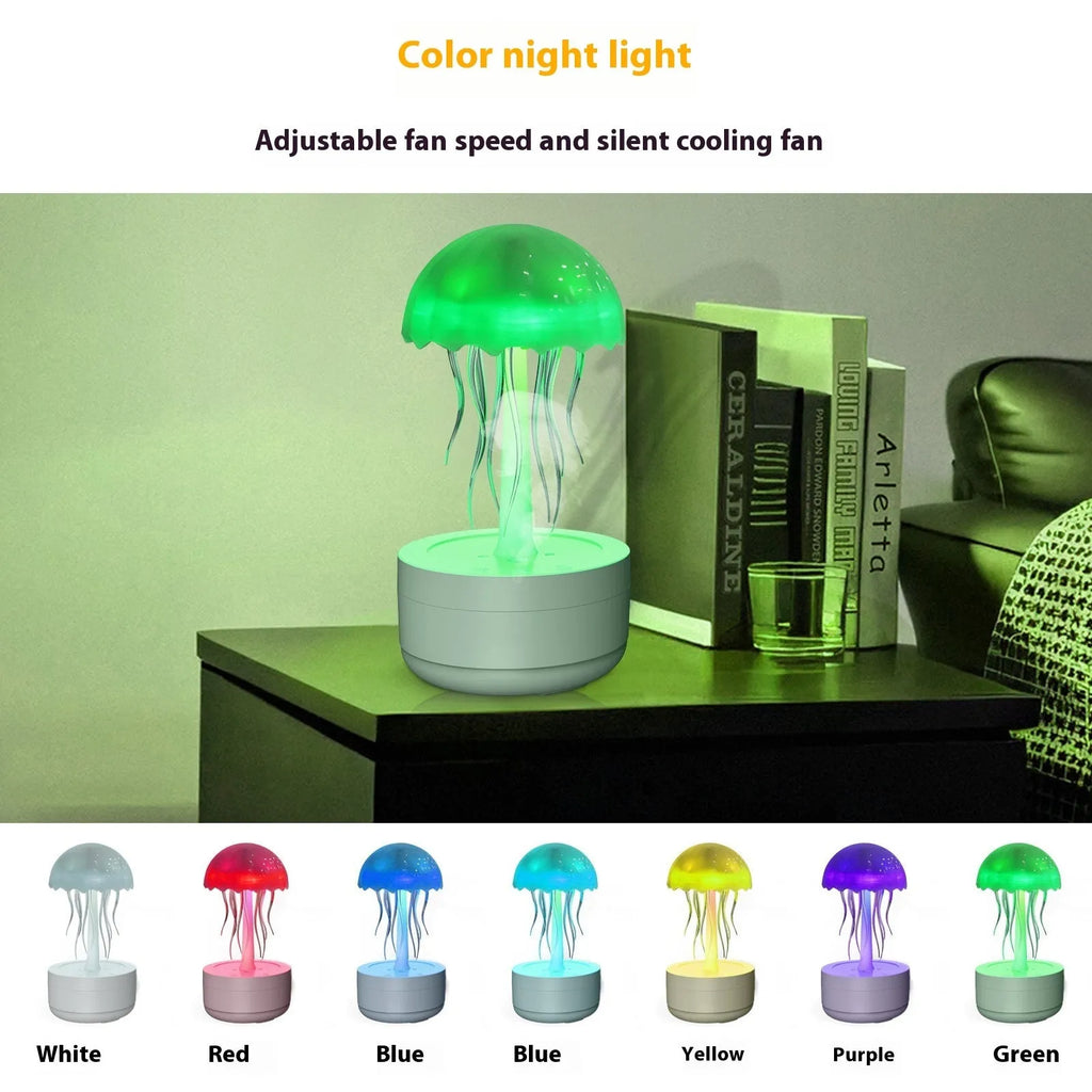 White jellyfish design humidifier and essential oil diffuser with colourful LED night light on desktop