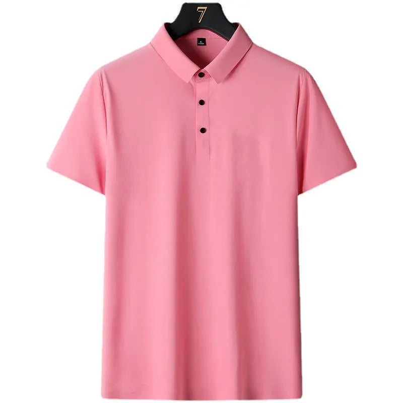 Men's solid colour non-ironing short sleeve business casual shirt in navy blue on a hanger.