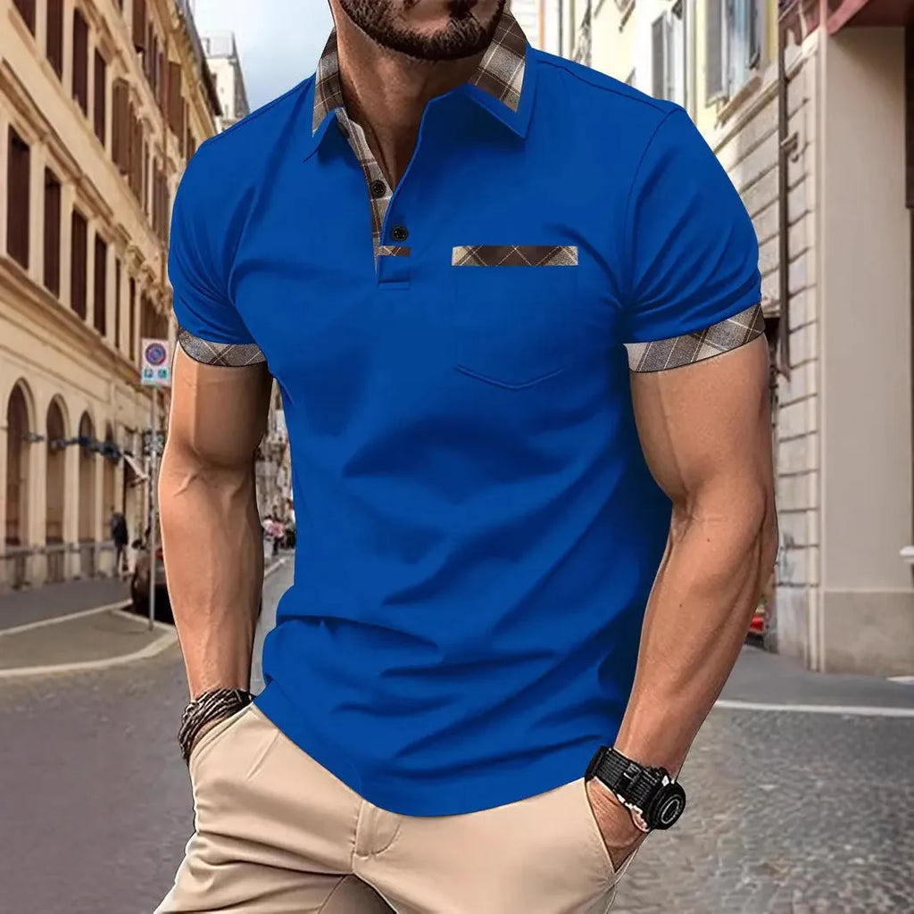 Men's loose fit short sleeve t-shirt with plaid colourblock design and zipper decorations