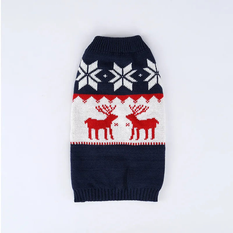 Navy blue knitted Christmas sweater for dogs on a mannequin showing European and American style design
