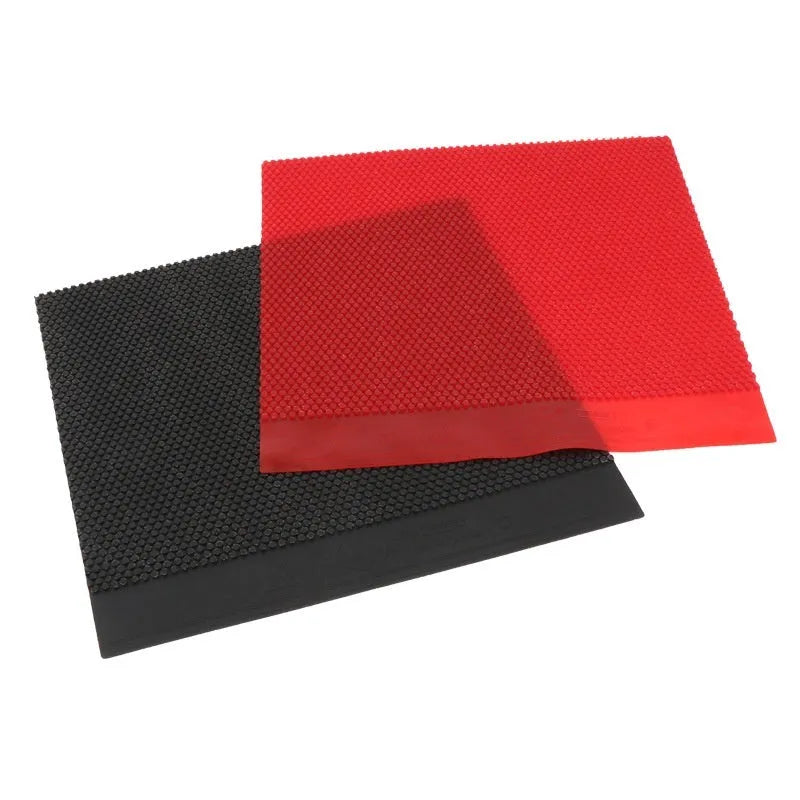 Single square sheet of black table tennis rubber with small pimpled particle texture.