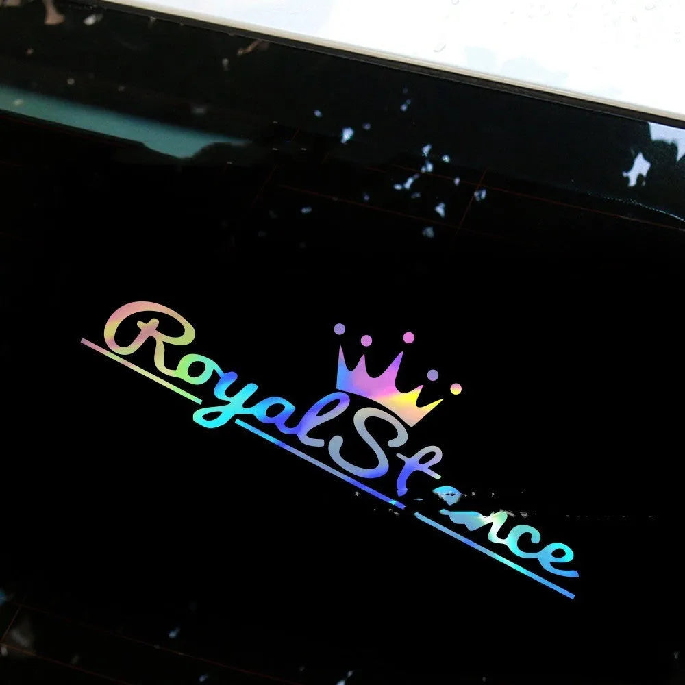 Reflective crown design car window sticker on vinyl, shown in colour options of black, white, and multicolour.