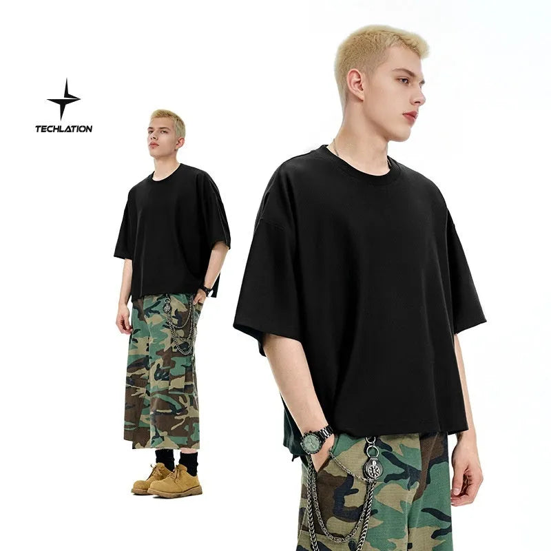 Men's sand grey loose fit short sleeve t-shirt showing cotton-polyester fabric texture