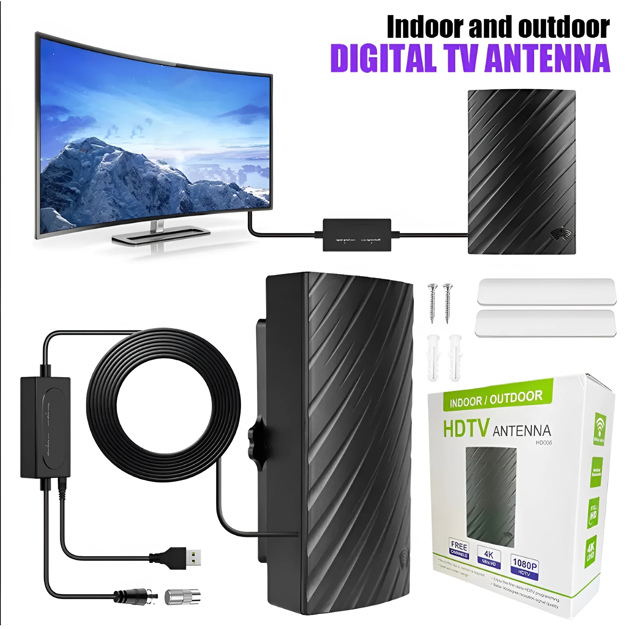Black HD digital television antenna with mounting accessories including expansion tubes, screws, cable ties and adhesive tape