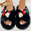 Women's Christmas hat-themed slippers in faux plush, shown in black, khaki and white colour options.