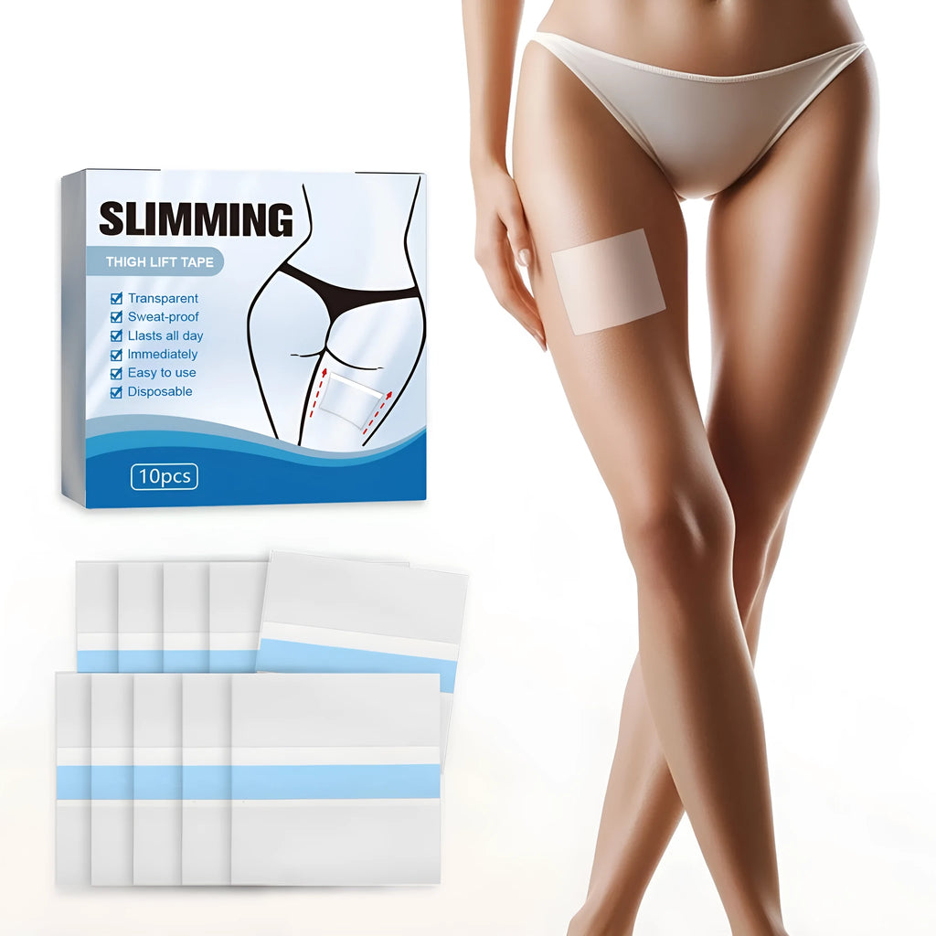 Box of 10 white body slimming adhesive patches for stomach tightening on a blue background.