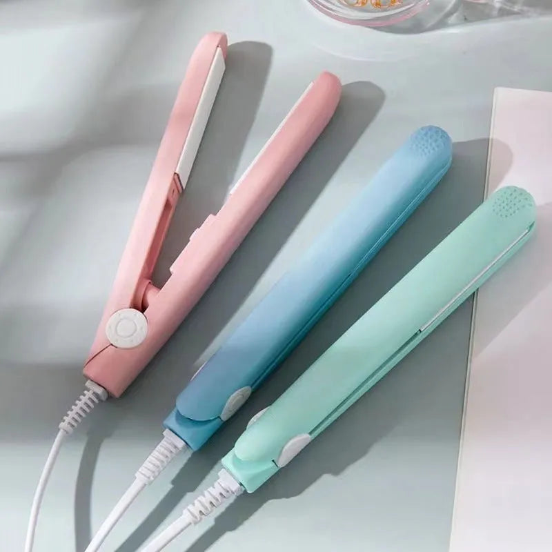 Mini hairdressing splint hair straightener in blue, pink, purple, white, or yellow with a storage box.
