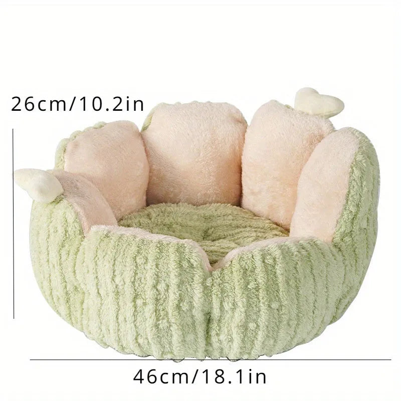 Green soft cat kennel pet bed with cactus design, shown next to a purple version.