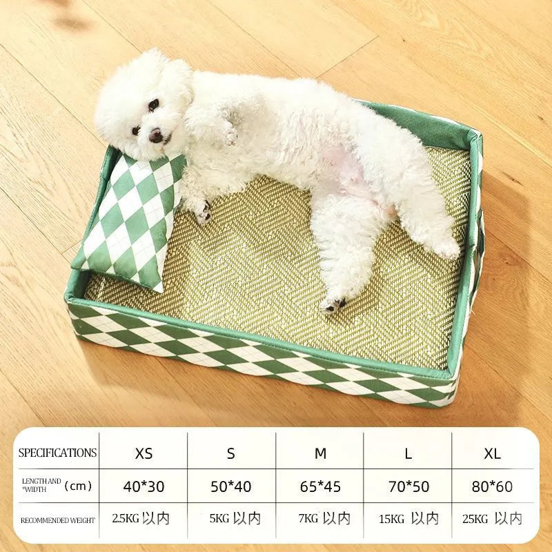 Blue rattan woven cat bed mat shown in a large size, placed on a wooden floor.