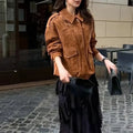 Women's street chic coat in suede-look polyester fabric showing regular sleeves and brown colour options