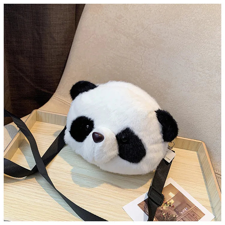 Soft plush crossbody shoulder bag with panda head design, cylindrical shape measuring 18cm