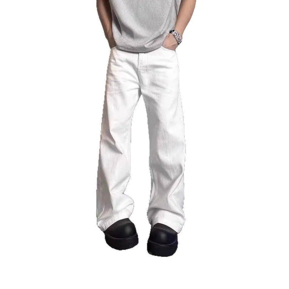 Men's white straight-leg jeans with loose fit and wide leg opening