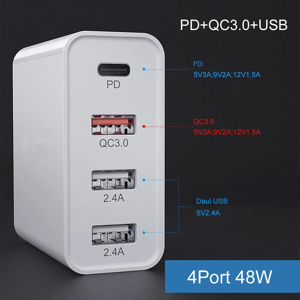 Multi-port mobile phone fast charger with PD and QC technology in black ABS plastic housing