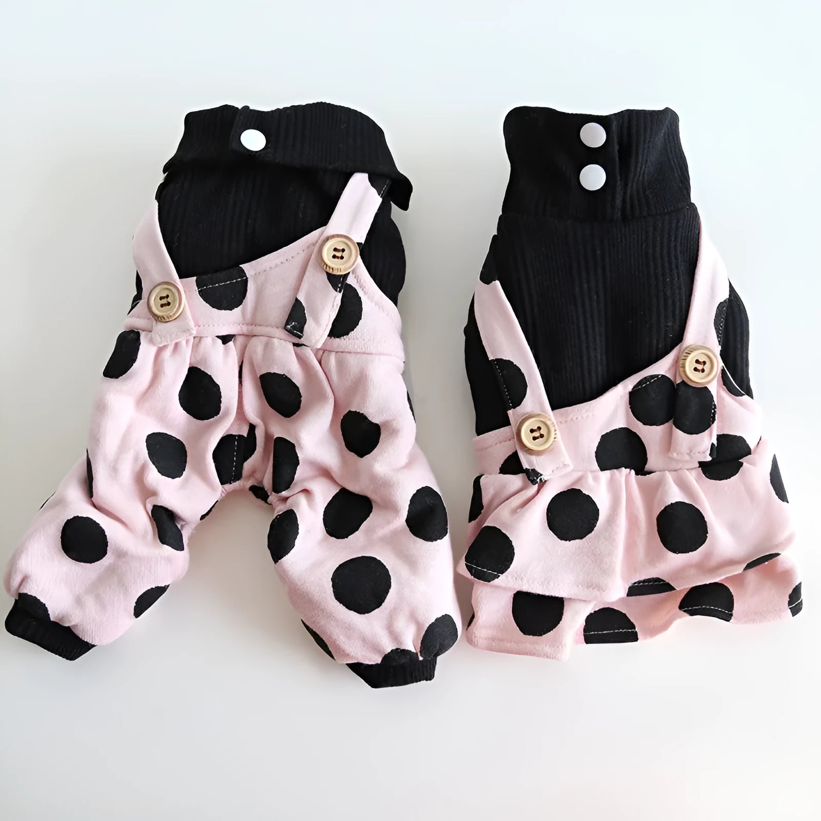 Matching couple dog clothes with lapel detailing and shoulder straps in various sizes