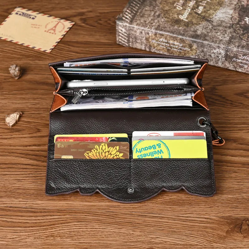 Retro brown women's tri-fold wallet with an embossed Chinese floral pattern, showing card slots and a coin compartment.