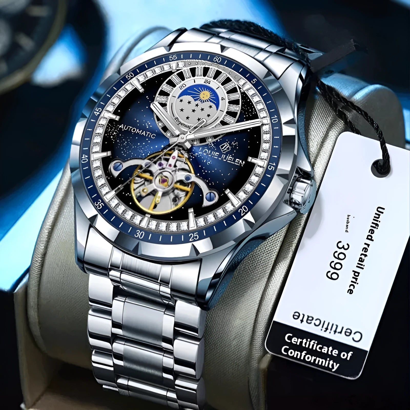 Men's silver alloy automatic watch with a blue circular dial on a stainless steel bracelet with a butterfly clasp.