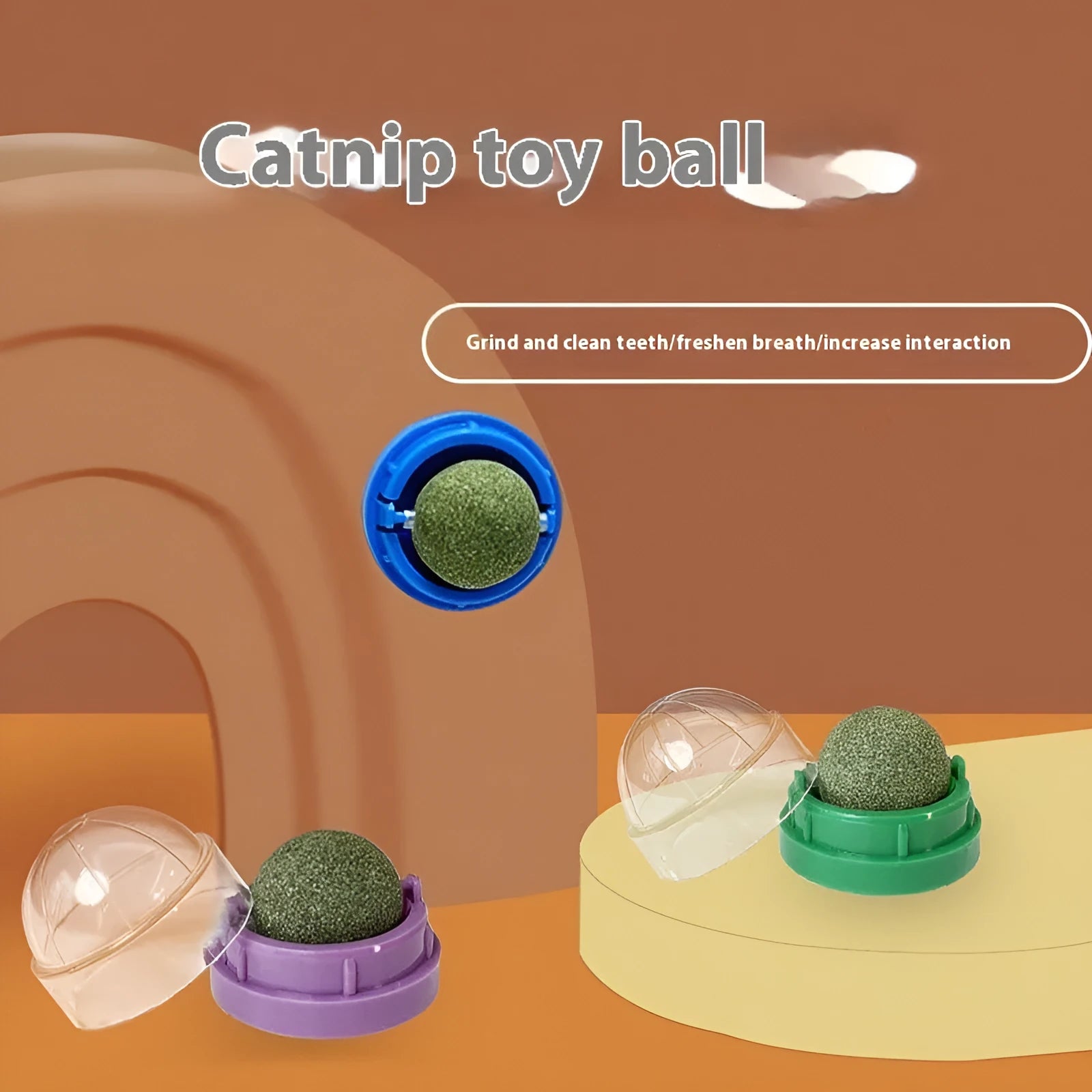 Plastic catnip ball chewing toy in various colours with textured surface for dental cleaning