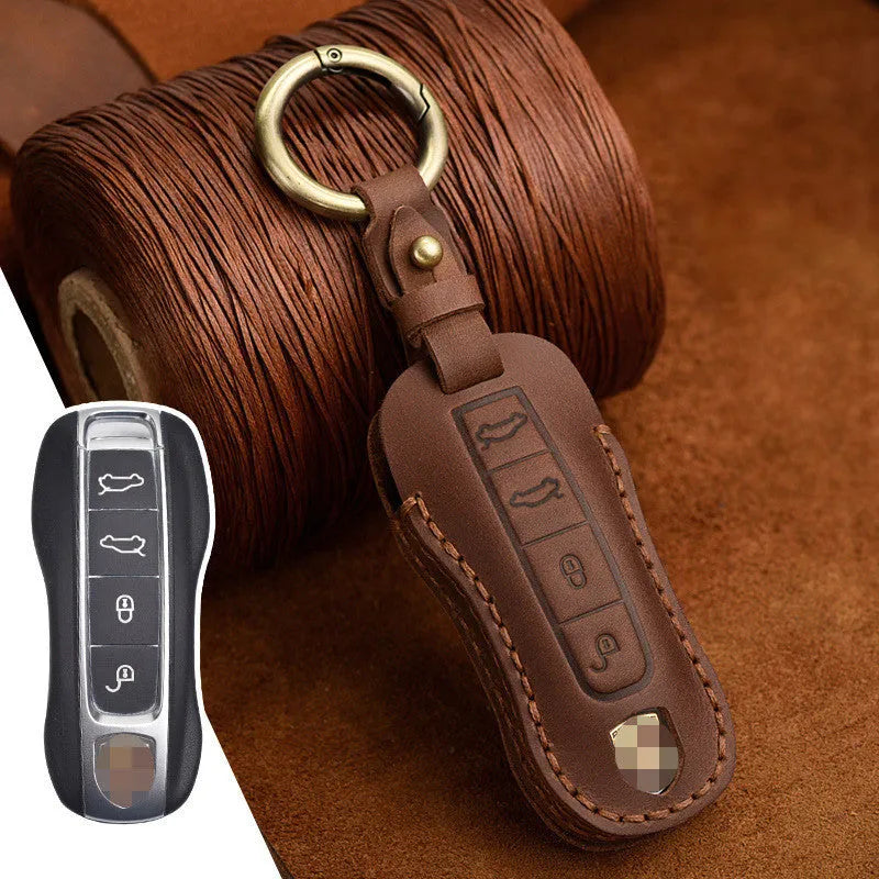 Genuine cowhide leather Porsche key cover with retro bag buckle in blue or brown colour.