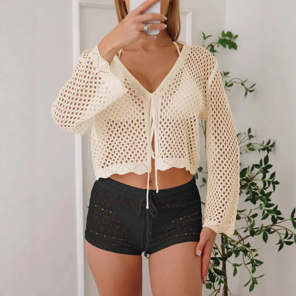 Short women's cardigan blouse with bell sleeves in apricot hollow woven fabric