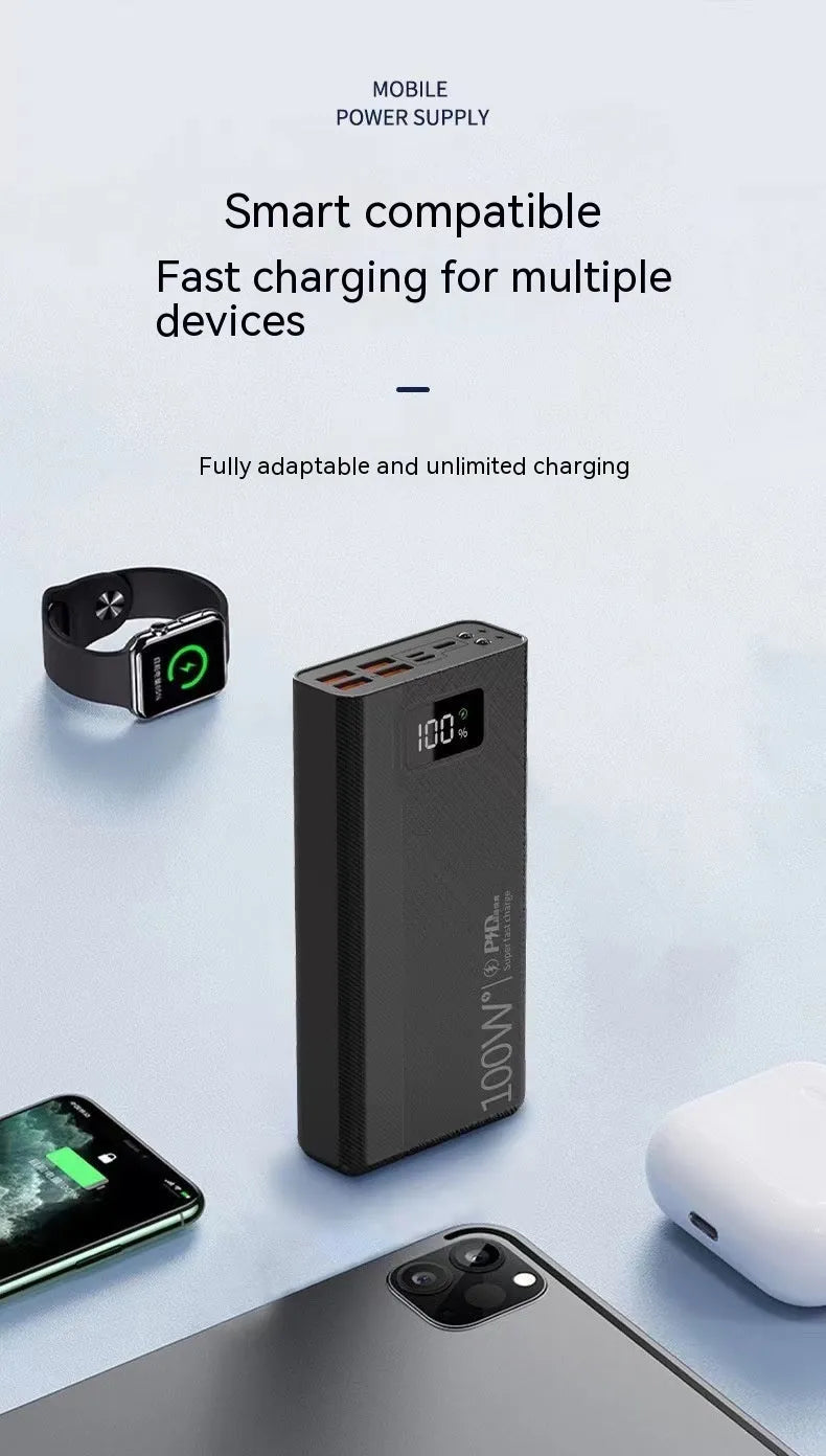 Black and white large capacity power bank showing front view with dimensions 150mm by 76mm.
