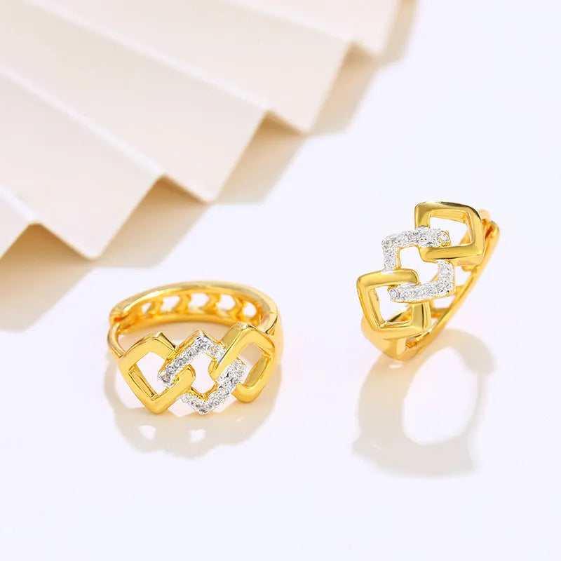 Gold geometric hollow-out alloy earrings with colour separation ear clip detail