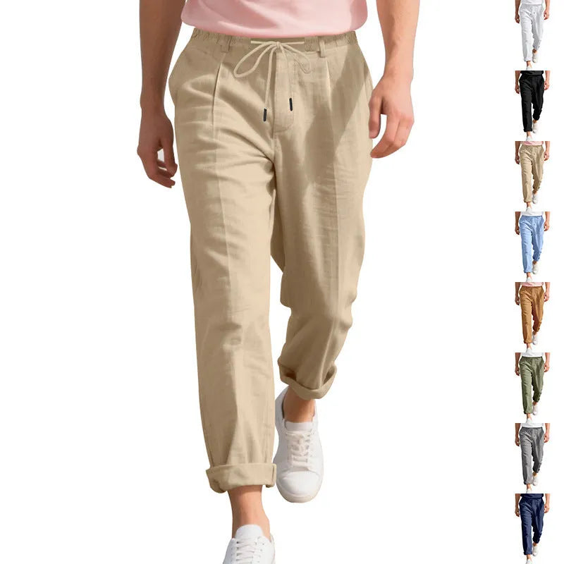 Men's linen straight-leg trousers in army green colour with drawstring waist