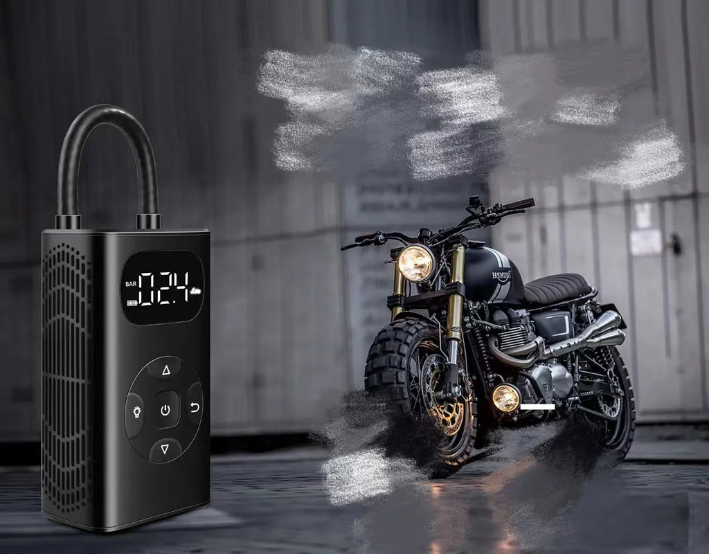 Black M09X portable electric air compressor power bank for car and motorcycle tyre inflation with USB cable