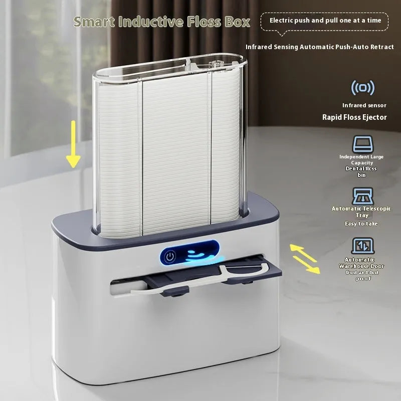 Intelligent induction dental floss box in dark grey, gold, and light grey colour options showing automatic pop-up mechanism.