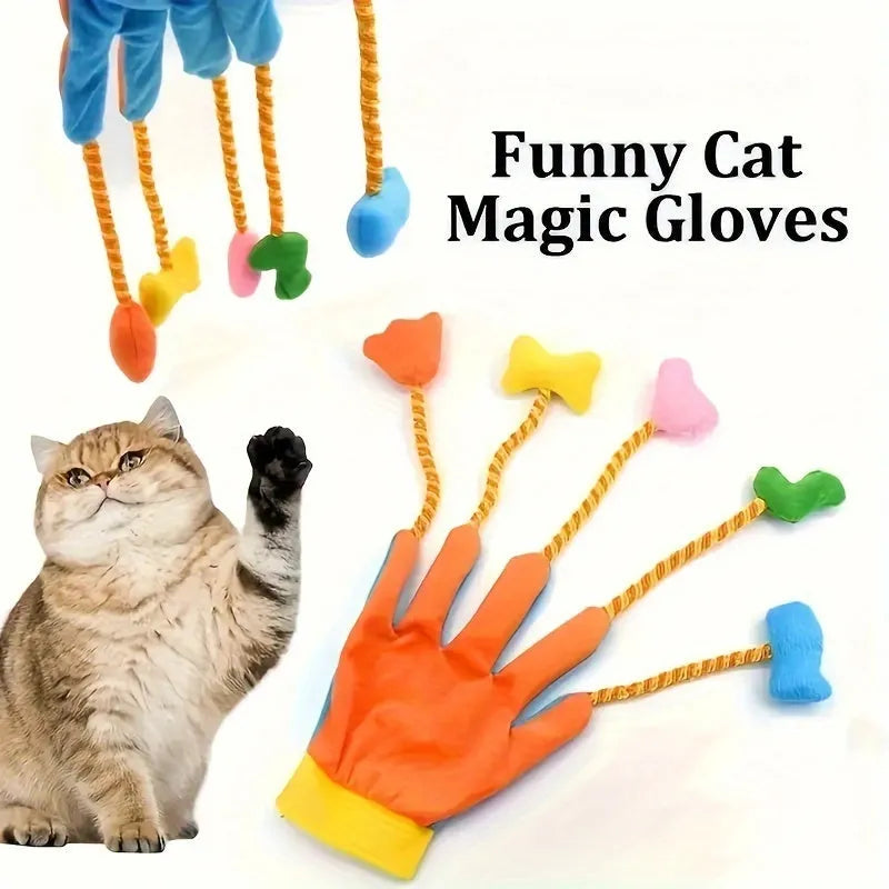 Yellow and blue plush cat toy with magic glove attachment and integrated bell, shown next to measurement scale