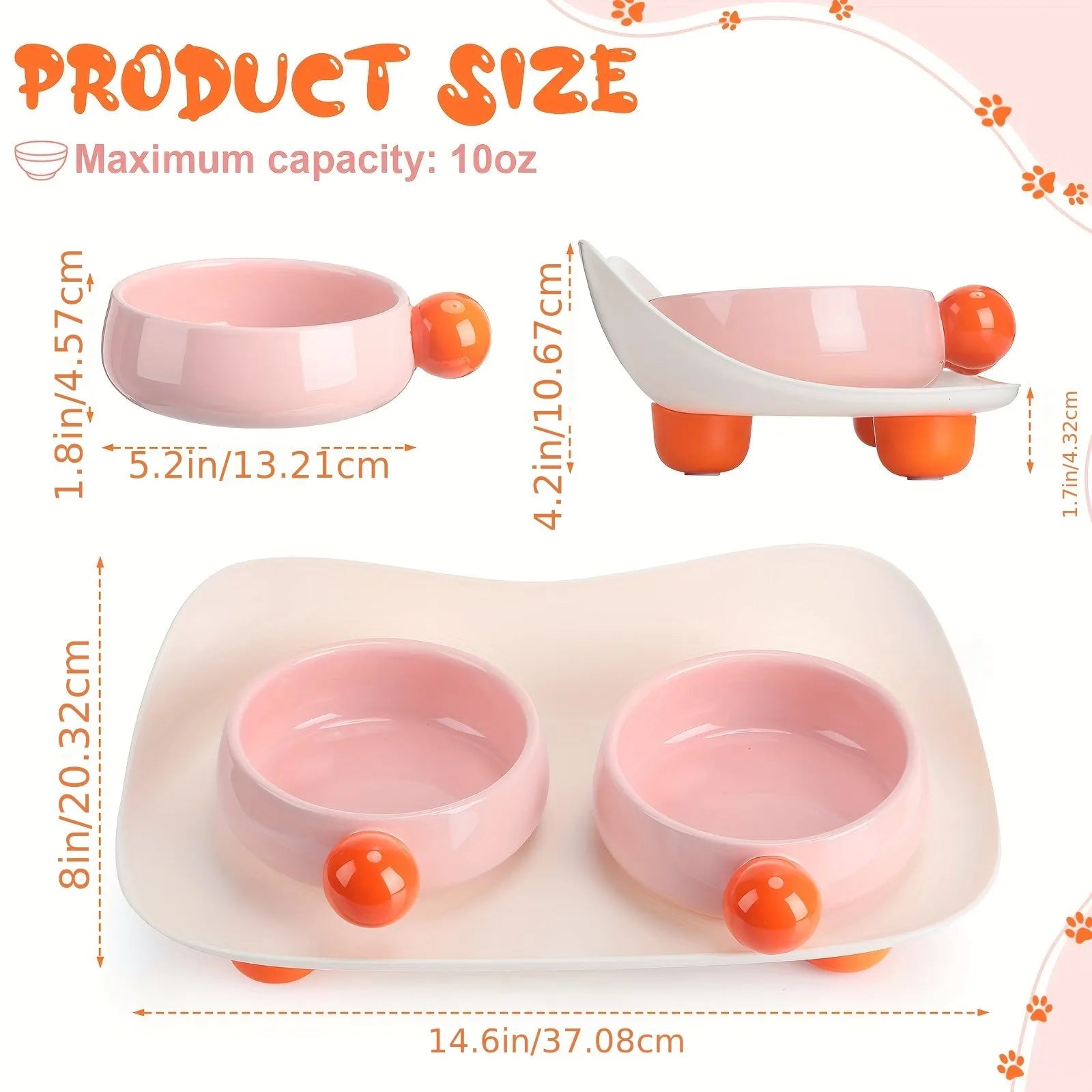 Raised ceramic double pet feeding bowl in pink, yellow, and pink yellow colour options on a floor.