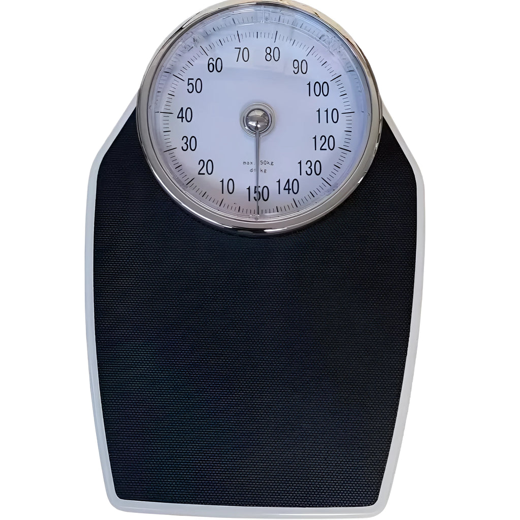 Black mechanical body weight scale with large dial display on 47x35cm platform