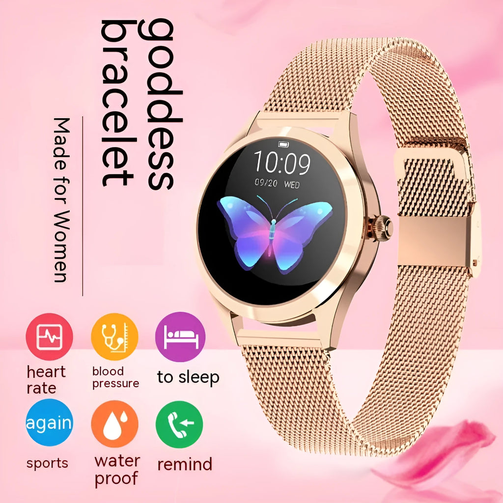 Women's multi-functional sports smartwatch in black, rose gold, silver, or white on a wrist.
