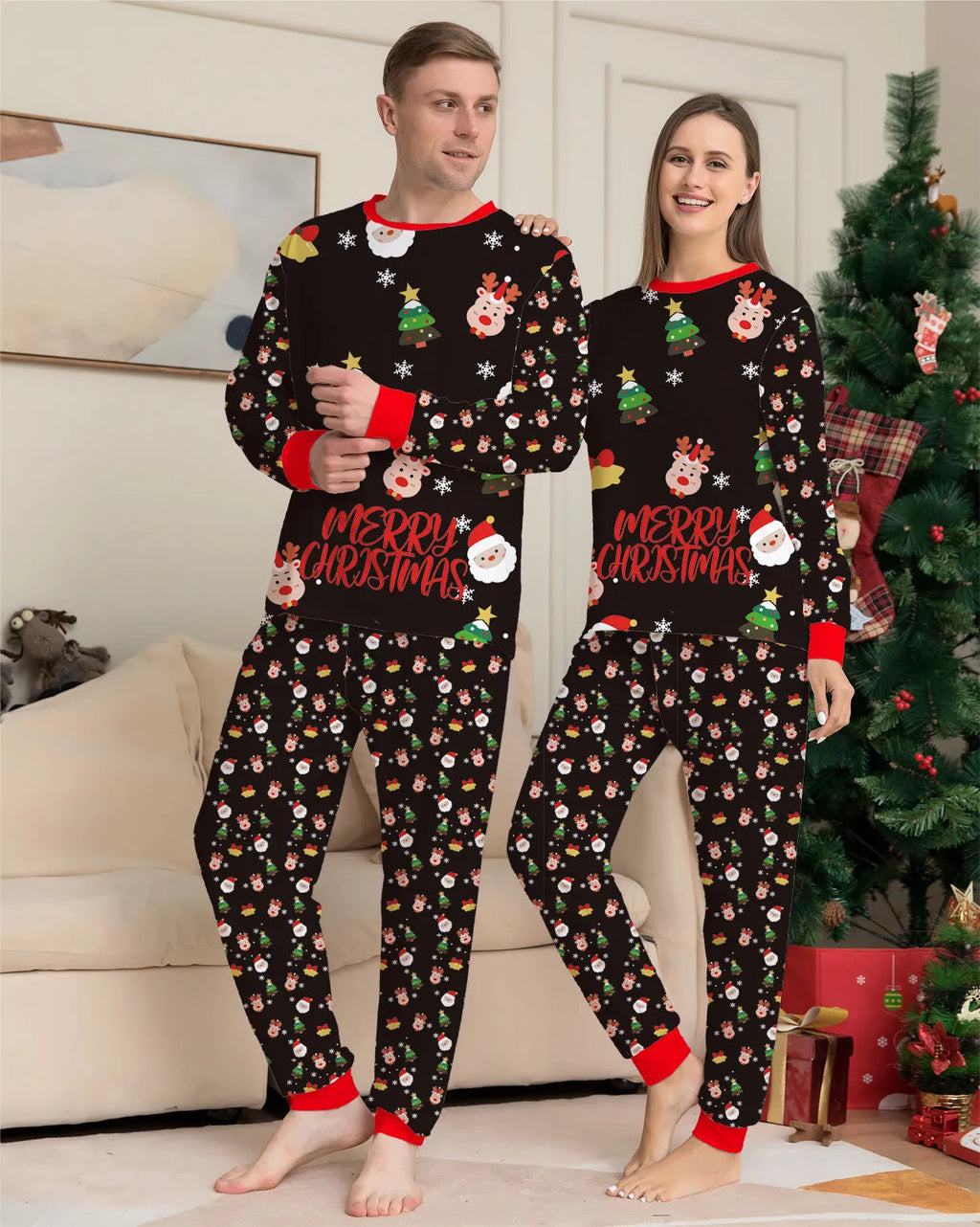 Family Christmas matching cotton pajamas set with plaid and cartoon designs for babies, children, adults and dogs