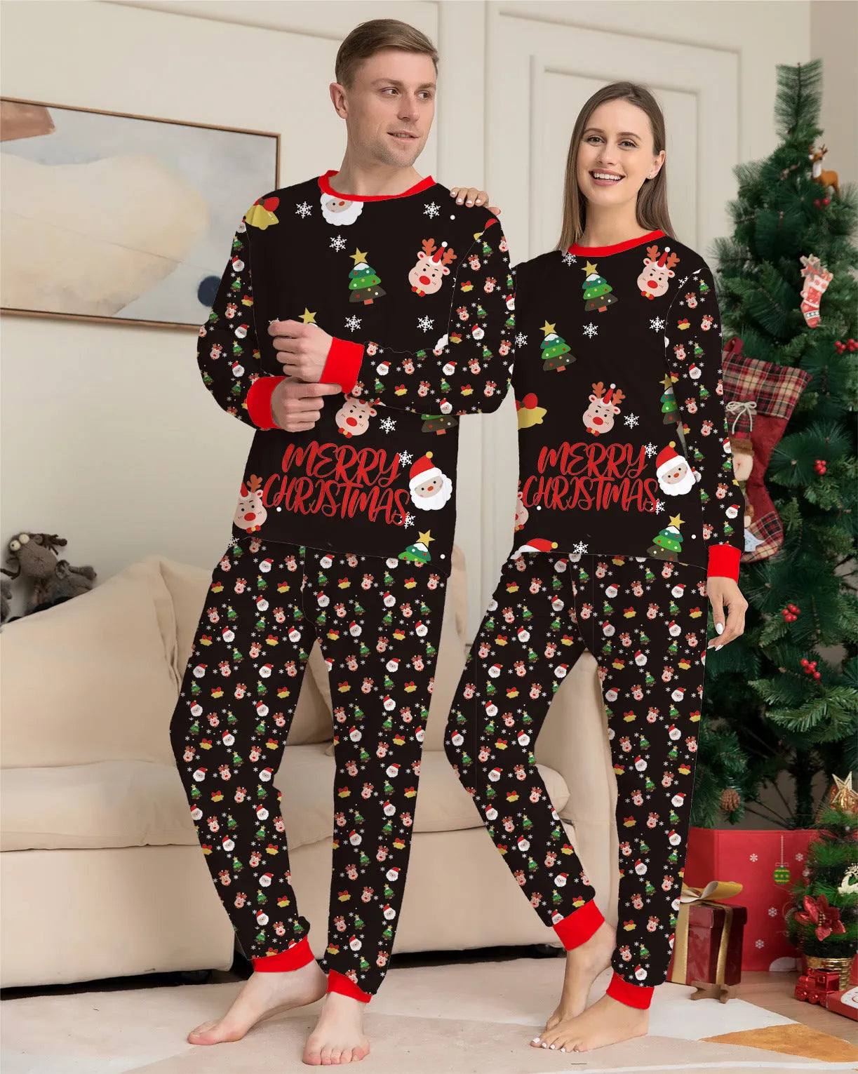 Family Christmas matching cotton pajamas set with plaid and cartoon designs for babies, children, adults and dogs