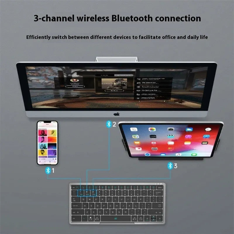 Three-in-one wireless Bluetooth keyboard with touch pad inside a leather sheath stand, shown next to a tablet.