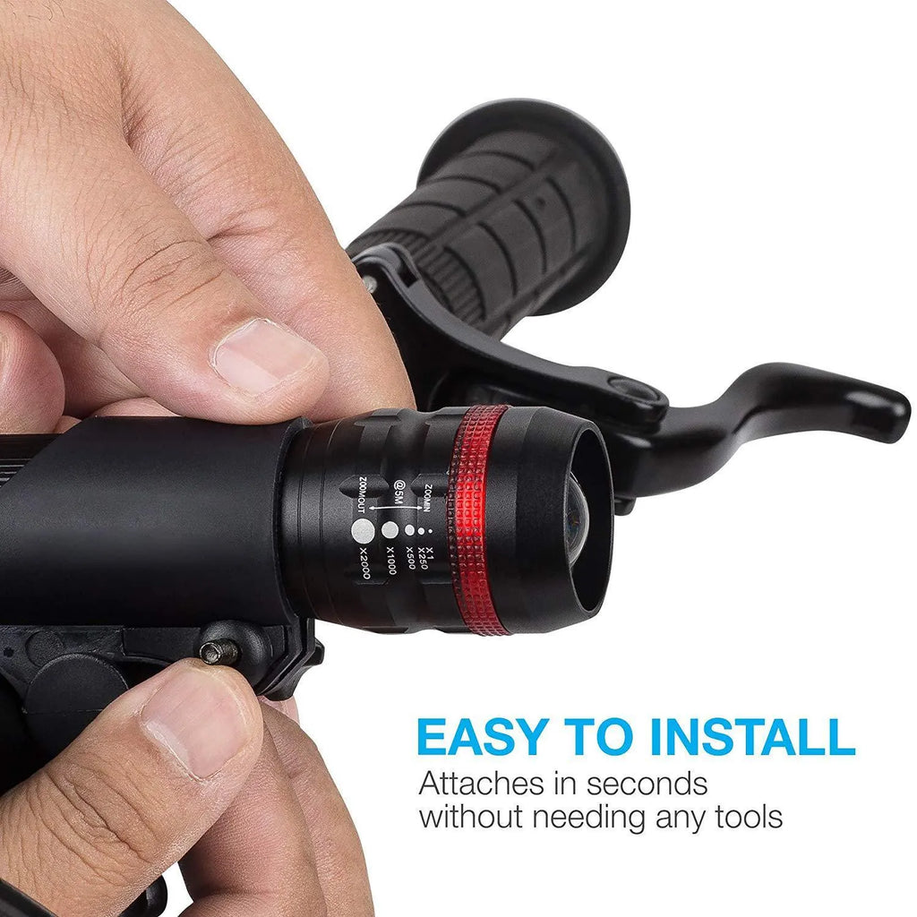 Bicycle headlight and taillight set with a black mounting bracket on a handlebar