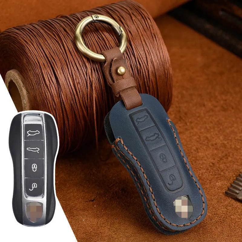 Genuine cowhide leather Porsche key cover with retro bag buckle in blue or brown colour.