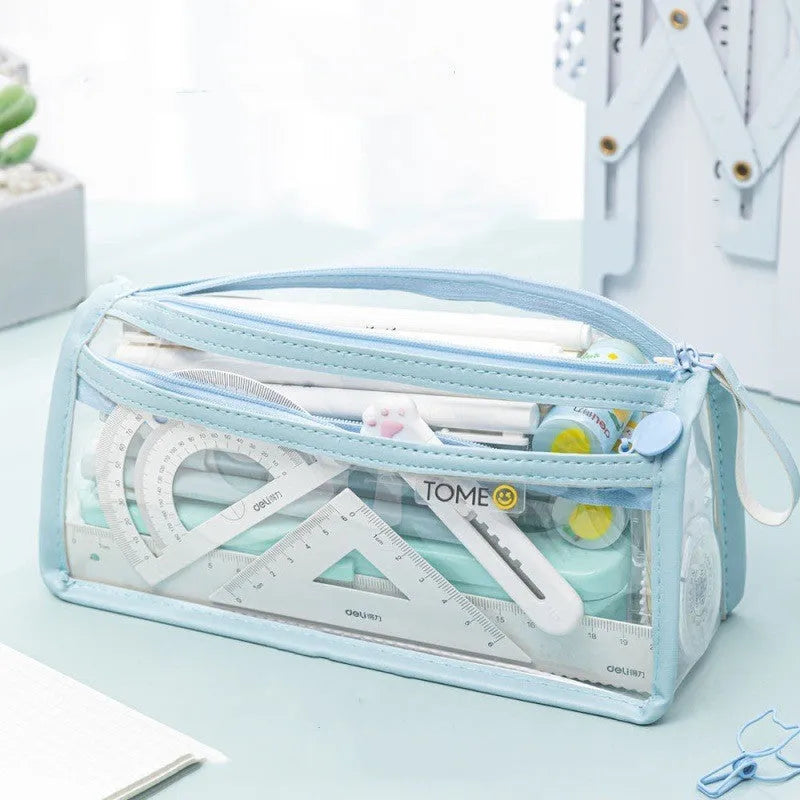 Transparent double-layer pencil case showing two compartments with zip closure