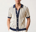 Men's white knitted short sleeve top with a lapel collar and asymmetric British style design