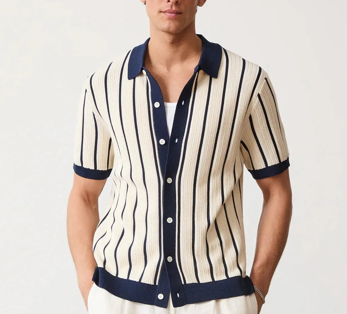 Men's white knitted short sleeve top with a lapel collar and asymmetric British style design