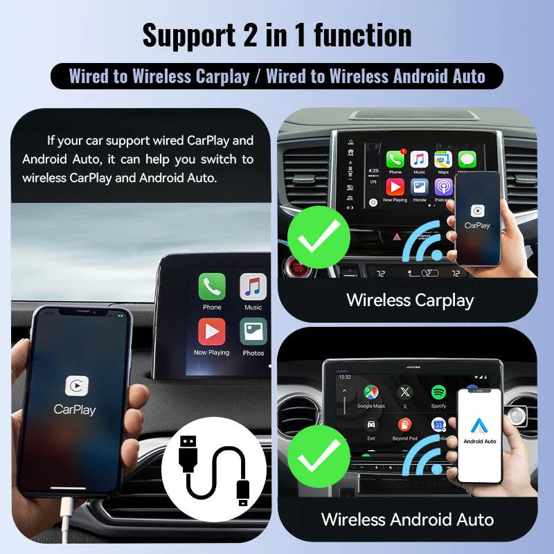 Black Mini 2-in-1 CarPlay Wireless USB Interface Adapter for vehicle connectivity
