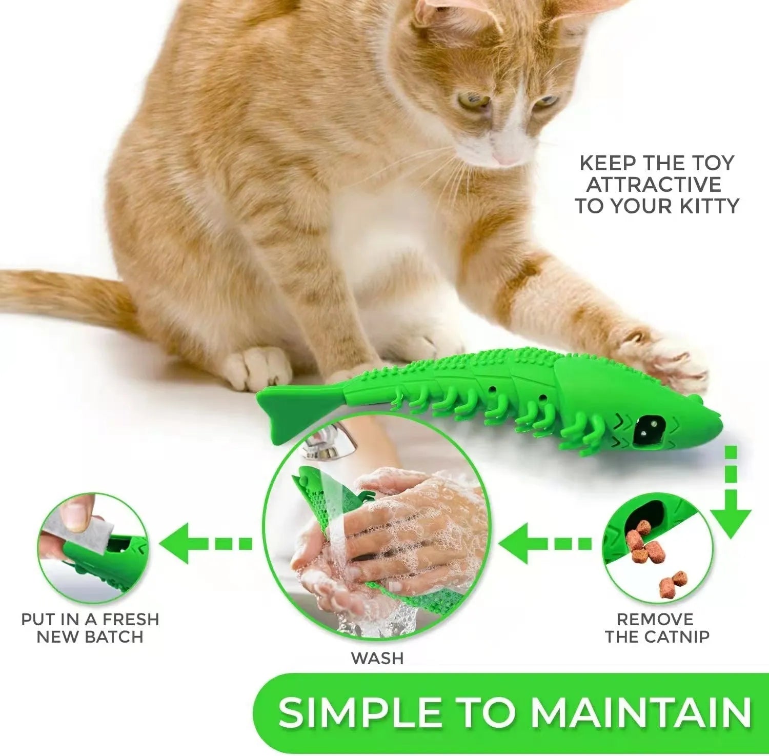 Blue hard rubber cat toy with 360-degree teeth cleaning bristles and internal catnip