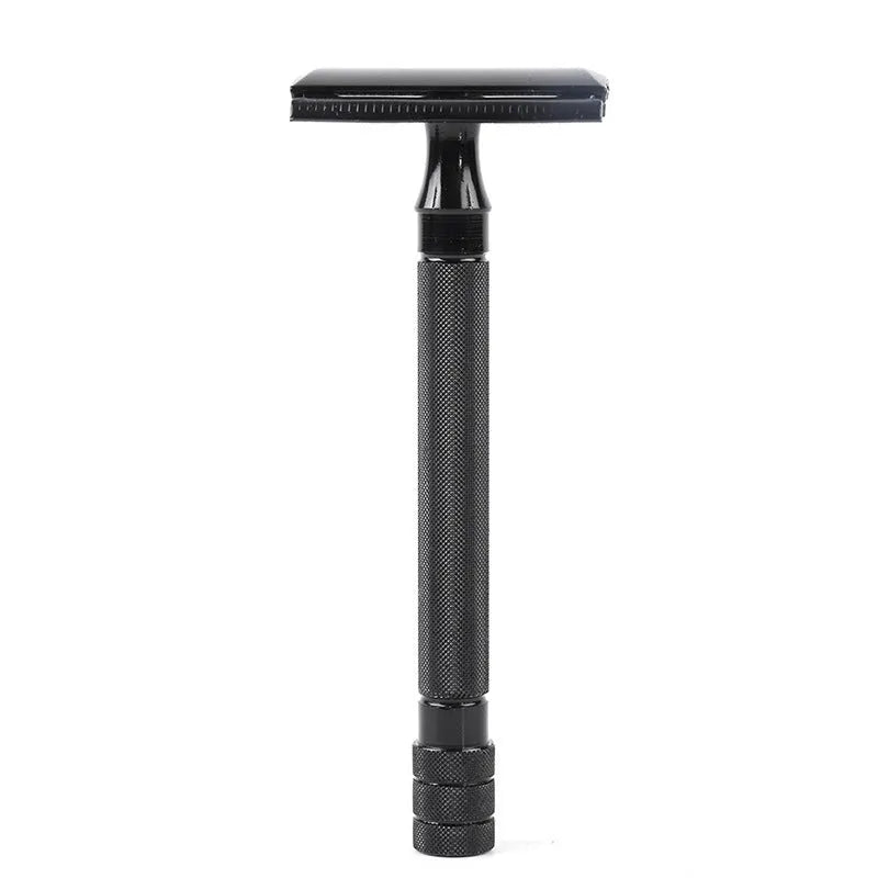 Old-fashioned manual metal shaving scraper and brush set in black and silver finishes