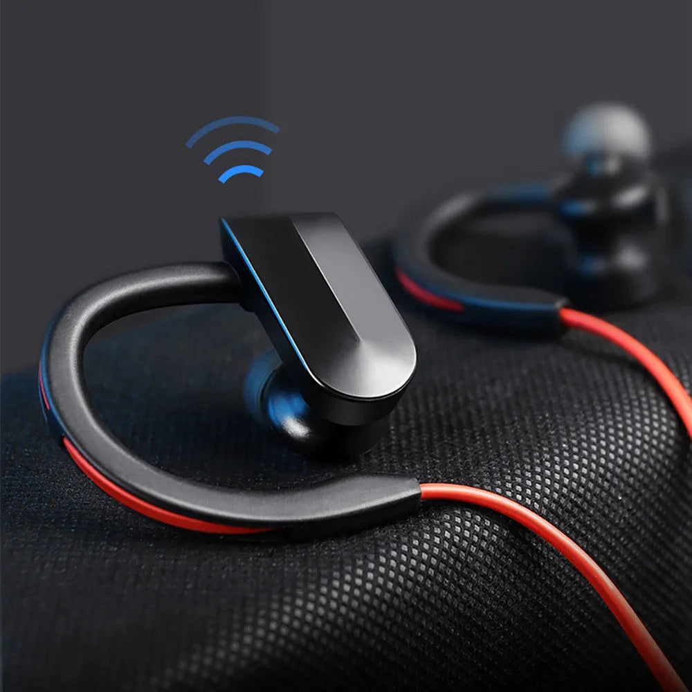 Black neck-mounted Bluetooth earphones with earbuds and USB charging cable