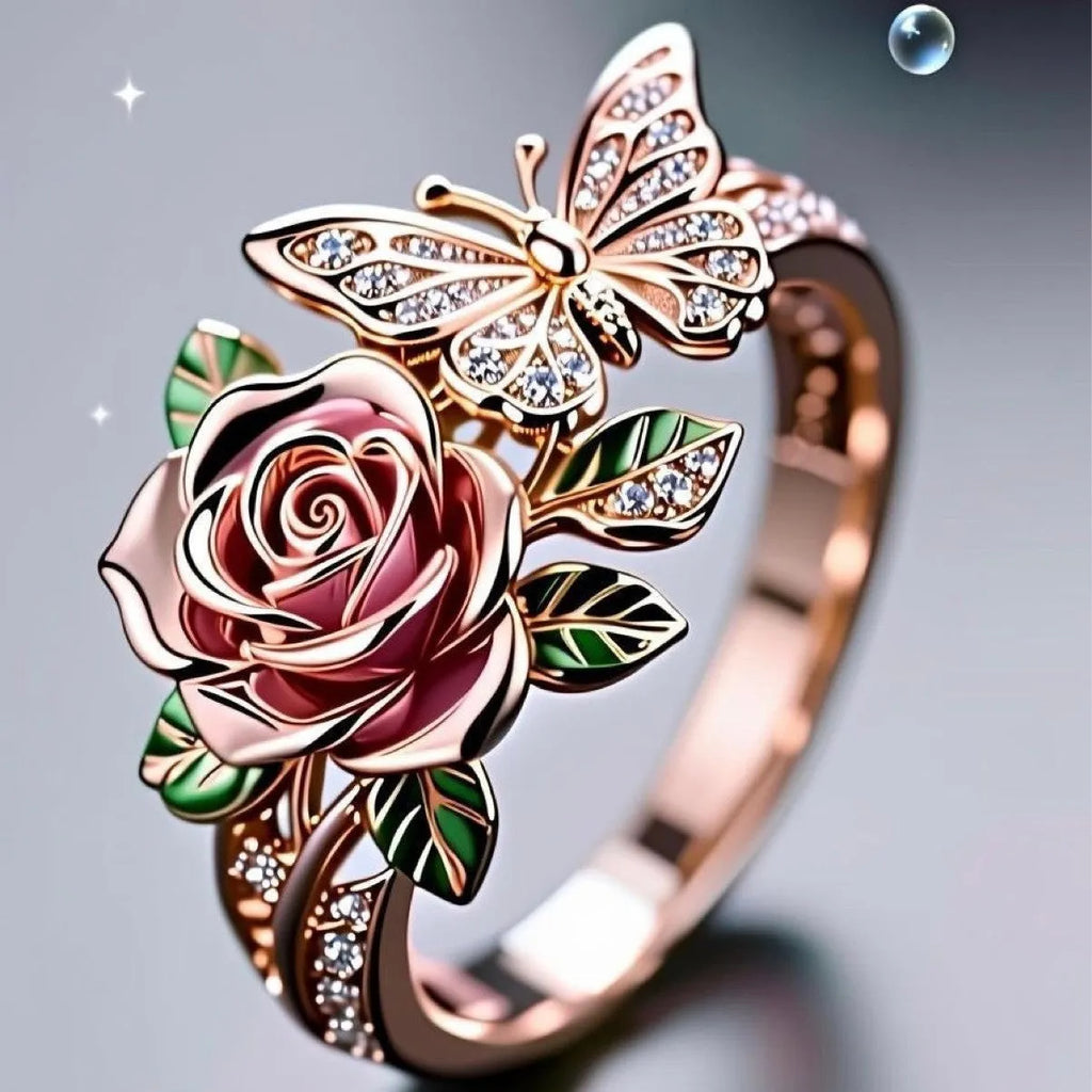 Adjustable fairy style butterfly ring with colourful oil-dipped effect and floral modelling
