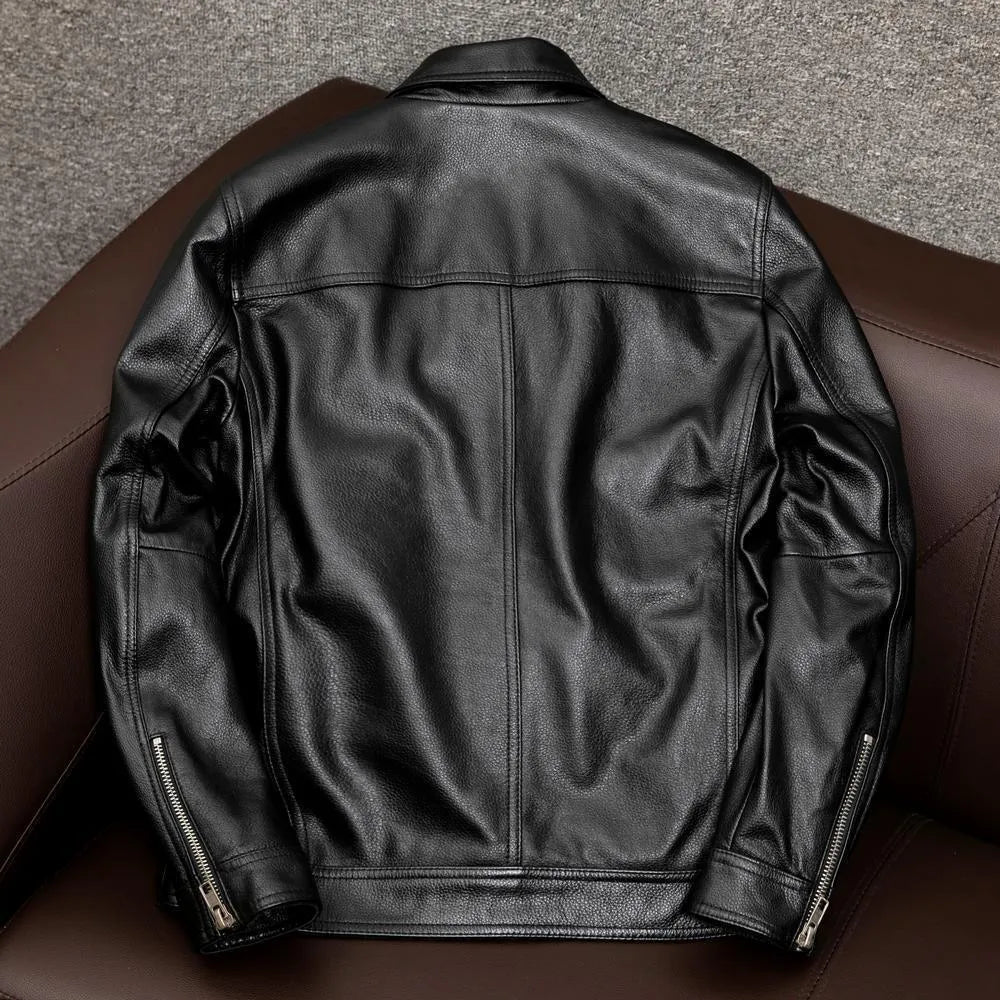 Men's black lapel leather jacket with loose fit and side pockets on plus-size model